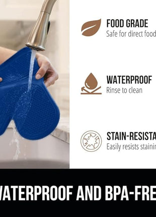GORILLA GRIP BPA-Free Soft Silicone Oven Mitts, Heat Resistant and Waterproof Cooking Gloves, Thick Cotton Lining, Flexible Gripping for Baking Grilling, Kitchen Potholders Set of 2, 12.5x8.3, Blue
