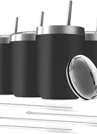 8 Pack 12 oz Stainless Steel Wine Tumbler with Lids, Double Wall Vacuum Insulated Travel Cup Including 8 Straws Set for Coffee, Cocktail, Drink, Tea and Beer (Black)