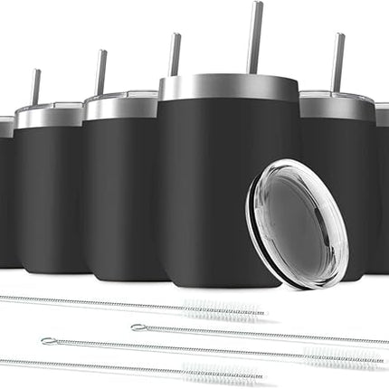 8 Pack 12 oz Stainless Steel Wine Tumbler with Lids, Double Wall Vacuum Insulated Travel Cup Including 8 Straws Set for Coffee, Cocktail, Drink, Tea and Beer (Black)