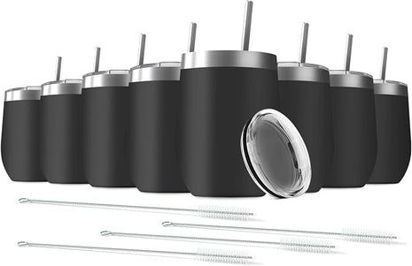 8 Pack 12 oz Stainless Steel Wine Tumbler with Lids, Double Wall Vacuum Insulated Travel Cup Including 8 Straws Set for Coffee, Cocktail, Drink, Tea and Beer (Black)