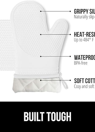 GORILLA GRIP BPA-Free Soft Silicone Oven Mitts and Pot Holders Sets of 4, Heat Resistant Waterproof Cooking Gloves, Thick Cotton Lining, Flexible Gripping for Baking Grilling, Kitchen Trivets, White