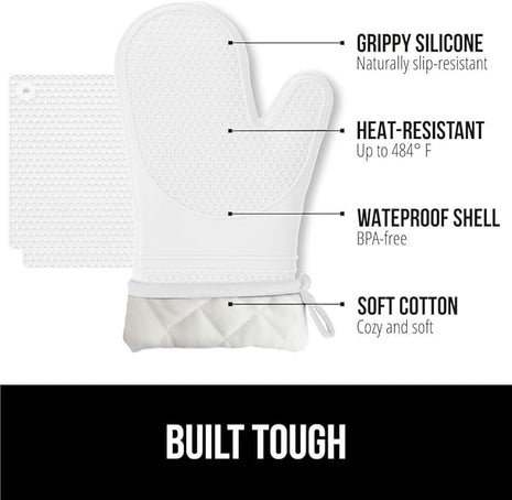 GORILLA GRIP BPA-Free Soft Silicone Oven Mitts and Pot Holders Sets of 4, Heat Resistant Waterproof Cooking Gloves, Thick Cotton Lining, Flexible Gripping for Baking Grilling, Kitchen Trivets, White