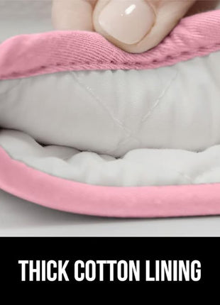 GORILLA GRIP BPA-Free Soft Silicone Oven Mitts, 14.5x8.3, Heat Resistant and Waterproof Cooking Gloves, Thick Cotton Lining, Flexible Gripping for Baking Grilling, Kitchen Potholders Set of 2, Pink