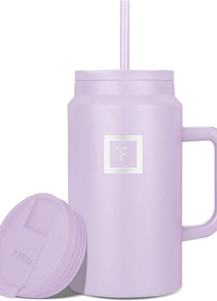 IRON °FLASK Co-Pilot Insulated Mug w/Straw & Flip Cap Lids - Cup Holder Bottle for Hot, Cold Drink - Leak-Proof - Water, Coffee Portable Travel Mug - Lavender, 50 Oz