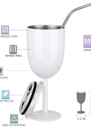 AMZUShome Stainless Steel Wine Glasses(2 Pack).Double Walled Vacuum Insulated Wine Tumbler Cups With Lid and Straw.Friendship,Christmas,Birthday Gifts for Women Men Friends Dad Mom(10oz White)