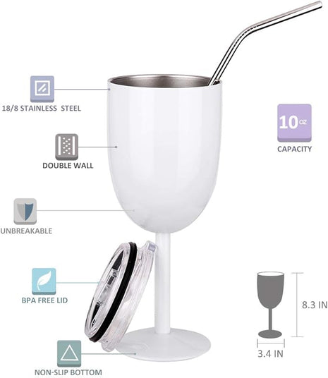 AMZUShome Stainless Steel Wine Glasses Cups.Double Walled Vacuum Insulated Wine Tumbler With Lid and Straw.Friendship,Christmas,Birthday Gifts for Women Men Friends Dad Mom(10oz White)