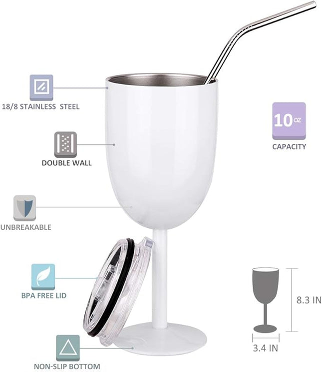 AMZUShome Stainless Steel Wine Glasses Cups.Double Walled Vacuum Insulated Wine Tumbler With Lid and Straw.Friendship,Christmas,Birthday Gifts for Women Men Friends Dad Mom(10oz White)