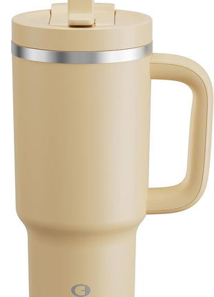 32 oz Tumbler with Handle and Straw: Stainless Steel Insulated Tumbler Keeps Cold for 24 Hours, Leakproof Travel Cup Fits in Cup Holder and BPA-Free, Indian Khaki