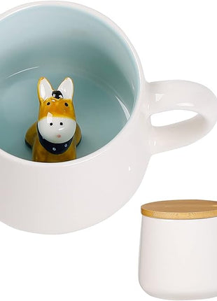 BigNoseDeer Cute Ceramic Donkey Coffee Mug Funny Mug with 3D Animal Inside Kawaii Tea Cup with Spoon and Lid Cool Stuff Christmas Gifts Birthday Mother's Day Cute Gifts for Women Kids 12oz（Donkey）