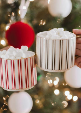 Sweet Water Decor Green Stripe Coffee Mug, 14oz China Christmas Mug with Gold Handle, Large Holiday Winter Cup for Coffee, Tea & Hot Chocolate, Stocking Stuffer Gifts for Women