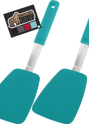 GORILLA GRIP Patented BPA-Free Non-Scratch Spatula, 2 Pack, Heat Resistant Flexible Silicone Head for Nonstick Cooking Pans, Soft Rubber Handle, Kitchen Spatulas for Flipping Eggs, Pancakes, Turquoise