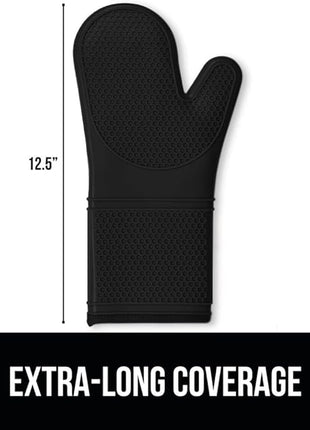 GORILLA GRIP BPA-Free Soft Silicone Oven Mitts, Heat Resistant and Waterproof Cooking Gloves, Thick Cotton Lining, Flexible Gripping, Kitchen Potholders Set, Holiday Baking Essentials, 12.5x8.3, Black