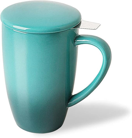 Sweejar Porcelain Tea Mug with Infuser and Lid,Teaware with Filter, Loose Leaf Tea Cup Steeper Maker, 16 Fl Oz for Tea/Coffee/Milk/Women/Office/Home/Gift (Gradient Blue)