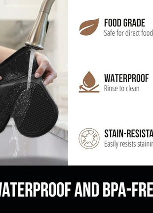 GORILLA GRIP BPA-Free Soft Silicone Oven Mitts and Pot Holders Sets of 4, Heat Resistant Waterproof Cooking Gloves, Thick Cotton Lining, Flexible Gripping for Baking Grilling, Kitchen Trivets, Black