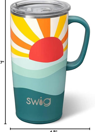 Swig Life 22oz Travel Mug, Insulated Tumbler with Handle and Lid, Cup Holder Friendly, Dishwasher Safe, Stainless Steel, Travel Coffee Cup, Insulated Mug with Lid (Sun Dance)