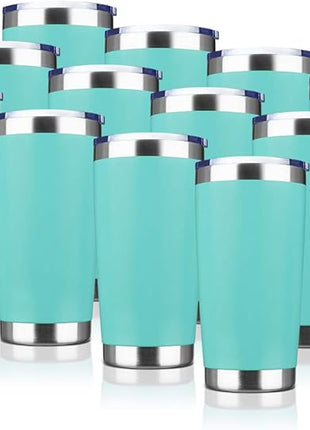 20oz Tumbler Bulk Stainless Steel Vacuum Insulated Tumblers with Lid Double Wall Travel Mug, Powder Coated Coffee Cup, Suitable for Ice Drinks and Hot Beverage (Light blue 12pack)