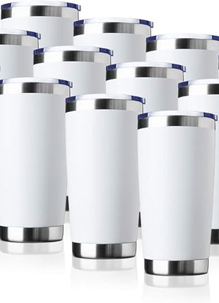 20oz Tumbler Bulk Stainless Steel Vacuum Insulated Tumblers with Lid Double Wall Travel Mug, Durable Powder Coated Coffee Cup, Suitable for Ice Drinks and Hot Beverage (White 12pack)