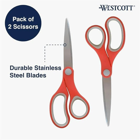 Westcott School Scissors, All-Purpose Student Scissors for Ages 12+, Ideal for Crafting and School Projects, Back-to-School, School Supplies, Classroom Supplies, 7-Inch, 2-Pack, Red/Gray