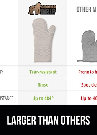 GORILLA GRIP BPA-Free Soft Silicone Oven Mitts, Heat Resistant and Waterproof Cooking Gloves, Thick Cotton Lining, Flexible Gripping for Baking Grilling, Kitchen Potholders Set of 2, 12.5x8.3, Almond