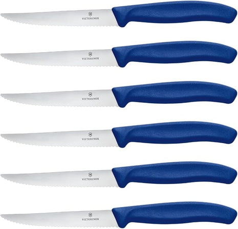 Victorinox 6.7232.6 Swiss Classic Steak Knife Set Ideal for Slicing a Wide Variety of Steak Cuts Wavy Edge Blade in Blue, Set of 6