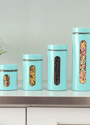 Kitchen Canisters Set For Countertop By Home Basics | Retro-Styled Canisters For Kitchen Counter | Stainless Steel and Glass, See-Through Windows (Turquoise), 4 Pieces