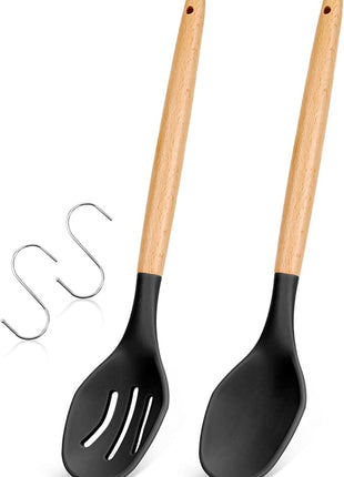 Large Silicone Cooking Spoons, 2 Pack Nonstick Solid and Slotted Wooden handle Spoon Set, Heat Resistan Silicone Kitchen Spoons for Cooking, Serving, Basting, Mixing (Black)