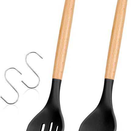 Large Silicone Cooking Spoons, 2 Pack Nonstick Solid and Slotted Wooden handle Spoon Set, Heat Resistan Silicone Kitchen Spoons for Cooking, Serving, Basting, Mixing (Black)