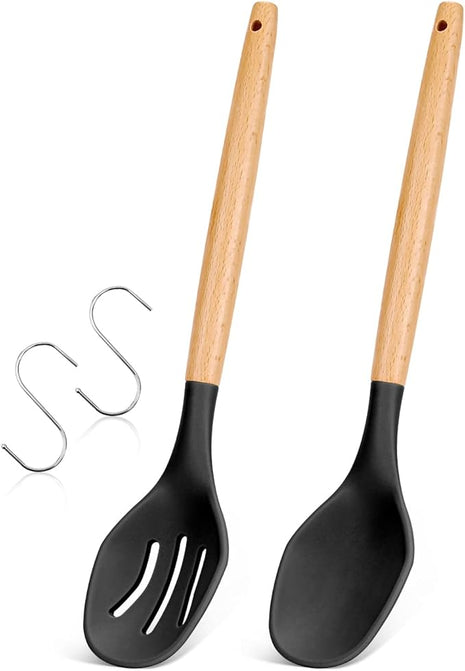 Large Silicone Cooking Spoons, 2 Pack Nonstick Solid and Slotted Wooden handle Spoon Set, Heat Resistan Silicone Kitchen Spoons for Cooking, Serving, Basting, Mixing (Black)
