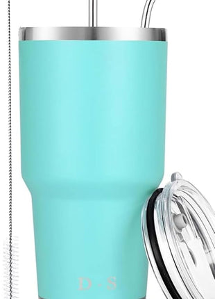 D·S 30oz Mint Tumbler Stainless Steel Double Wall Vacuum Insulated Mug with Straw and Lid, Cleaning Brush for Cold and Hot Beverages