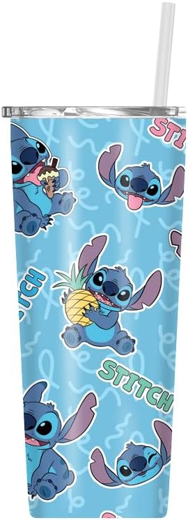 Silver Buffalo Disney Lilo and Stitch Double Walled Stainless Steel Tumbler with Straw Featuring Stitch, 22 Ounces