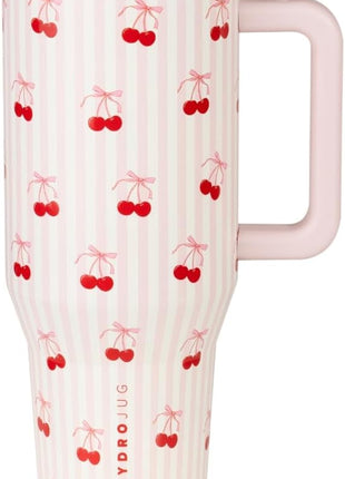 HydroJug Traveler - 40 oz Water Bottle with Handle & Flip Straw - Fits in Cup Holder, Leak Resistant Tumbler-Reusable Insulated Stainless Steel & Rubber Base - Gifts for Women & Men, Sweet Cherry