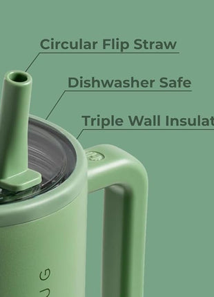 HydroJug Traveler - 40 oz Water Bottle with Handle & Flip Straw - Fits in Cup Holder, Leak Resistant Tumbler-Reusable Insulated Stainless Steel & Rubber Base - Gifts for Women & Men, Sage