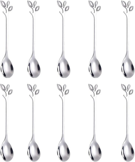 AnSaw Elegant Silver Leaf Coffee Spoons - 10-Piece, 4.7" Mini Stainless Steel Espresso & Dessert Tea Spoons, Perfect for Demitasse & Small Servings