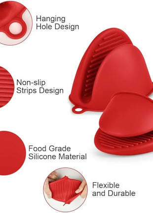 AUAUY 1 Pair Mini Silicone Oven Mitts, Heat Resistant Pot Holders Mitts, Cute Oven Pinch Grip Gloves, Small Potholders for Kitchen, Air Fryer Mitts Pair for Cooking, Baking and Grilling (Red)