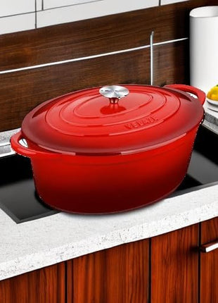 Velaze 7.5 QT Enameled Oval Dutch Oven Pot with Lid, Cast Iron Dutch Oven with Dual Handles for Bread Baking, Cooking, Frying, Non-stick Enamel Coated Cookware (RED)