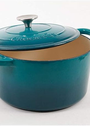 Crock-Pot Artisan 5-Quart Round Enameled Cast Iron Dutch Oven – Teal Ombre, Durable Heavy-Duty Cookware for Slow Cooking, Roasting, Baking with Lid