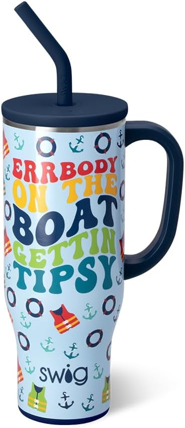 Swig Life 30oz Mega Mug, 30oz Tumbler with Handle and Straw, Large Insulated Tumblers, Cup Holder Friendly Travel Mug, Stainless Steel 30 oz Tumbler, Reusable Insulated Water Bottle (Errbody Boat)