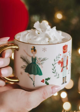 Sweet Water Decor Nutcracker Coffee Mug, 14oz China Christmas Mug with Gold Handle, Large Holiday Winter Cup for Coffee, Tea & Hot Chocolate, Stocking Stuffer Gifts for Women
