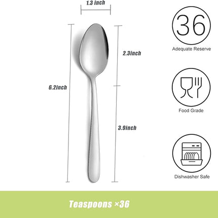 36 Pieces Teaspoons Set, 6.2 Inches Stainless Steel Teaspoons Silverware, Small Spoons, Mirror Polished & Dishwasher Safe, Tea Spoons Suitable for Home, Kitchen and Restaurant