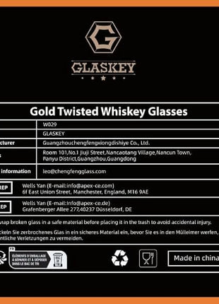 GLASKEY Crystal Whiskey Glasses Set of 2 with 24K Gold Rim,Bar Glasses,Twisted Whiskey Glass Gold Collection for Bourbon,Scotch and Wine,Rock Barware for Men Gift - 8oz