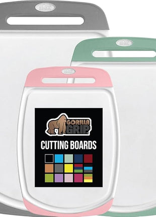 GORILLA GRIP BPA-Free Reversible Kitchen Cutting Board Set of 3, US Designed, Nonporous, Juice Grooves Catch Liquid, Slip Resistant Border, Dishwasher Safe Large Food Chopping Boards, Gray Mint Pink