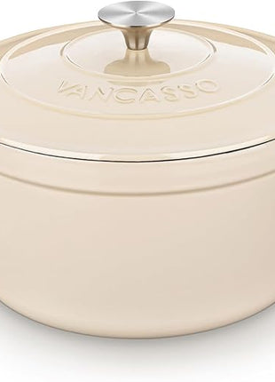 vancasso 2.5 QT Enameled Cast Iron Dutch Oven with Stainless Steel Knob Lid – Small Non-Stick Casserole for Steaming, Baking, and Roasting – Cream Color