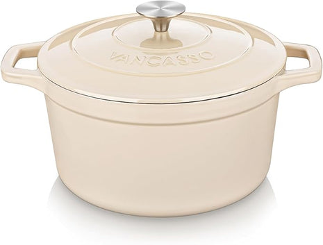 vancasso 2.5 QT Enameled Cast Iron Dutch Oven with Stainless Steel Knob Lid – Small Non-Stick Casserole for Steaming, Baking, and Roasting – Cream Color