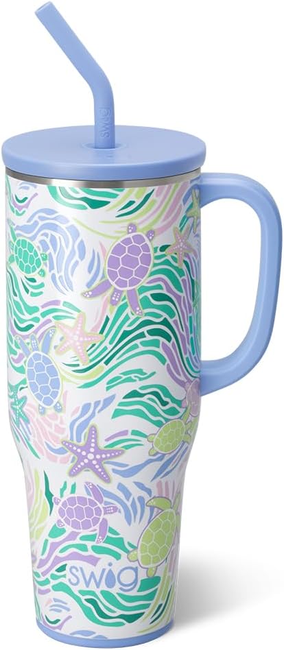 Swig Life 40oz Mega Mug, 40oz Tumbler with Handle and Straw, Extra Large Insulated Tumblers, Cup Holder Friendly Travel Mug (Sea Swirl)