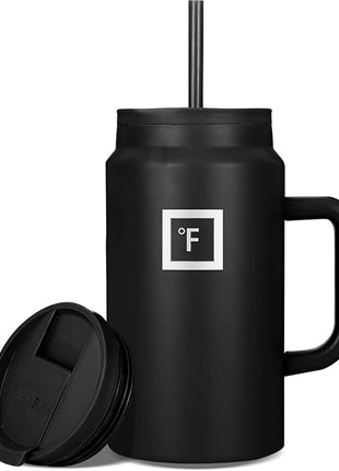 IRON °FLASK Co-Pilot Insulated Mug w/Straw & Flip Cap Lids - Cup Holder Bottle for Hot, Cold Drink - Leak-Proof - Water, Coffee Portable Travel Mug - Black, 50 Oz