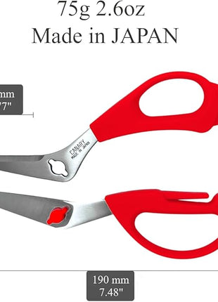 CANARY Japanese Kitchen Shears with Cutter 7.5" Offset Angled Blade, Made in JAPAN, Dishwasher Safe Come Apart Blade, All-Purpose Detachable Kitchen Scissors, Rust Proof Japanese Stainless Steel, Red