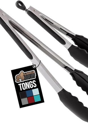 GORILLA GRIP Stainless Steel Heat Resistant Kitchen Tongs for Cooking, 9 + 12 Inch, Set of 2 BBQ Tong, Non Scratch Silicone Tip for Pan, Strong Grip, Grab Food, Toss Salad, Air Fryer, Pull Lock, Black