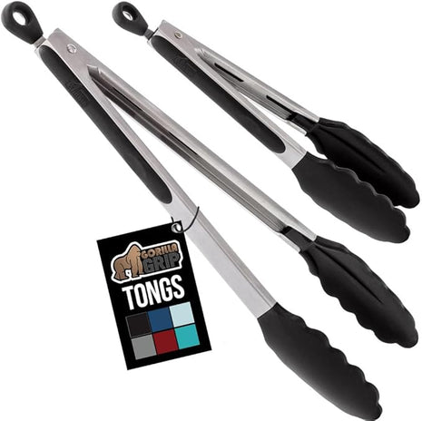 GORILLA GRIP Stainless Steel Heat Resistant Kitchen Tongs for Cooking, 9 + 12 Inch, Set of 2 BBQ Tong, Non Scratch Silicone Tip for Pan, Strong Grip, Grab Food, Toss Salad, Air Fryer, Pull Lock, Black