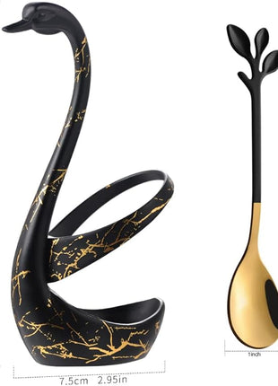 AnSaw Small Coffee Spoon Holder Set,Black Swan Base With 10 Pcs Black & Gold Demitasse Espresso Spoons Set,4.7" Mini Leaf Dessert Spoon,Stainless Steel Tea Spoons