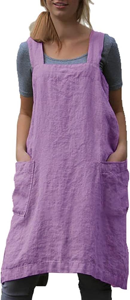 YESDOOD Cotton Linen Apron Cross Back Apron for Women with Pockets Pinafore Dress for Baking Cooking